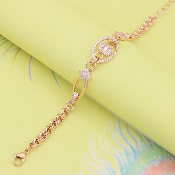 "Rose Gold Chain Bracelet with Oval Crystal Charm & Textured Links, XPBL0927 - Picture 6 of 13